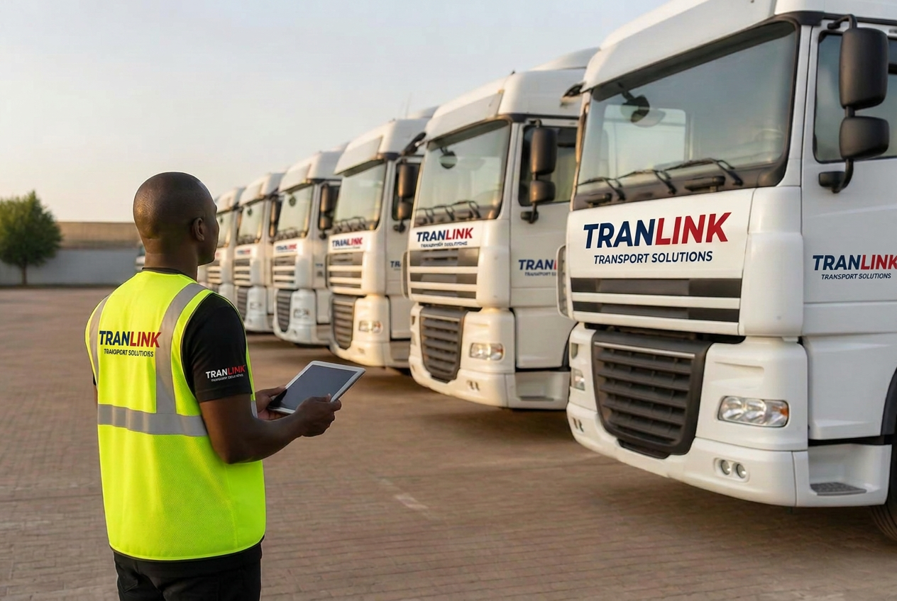 Tranlink Transport Solutions fleet lined up in the company yard