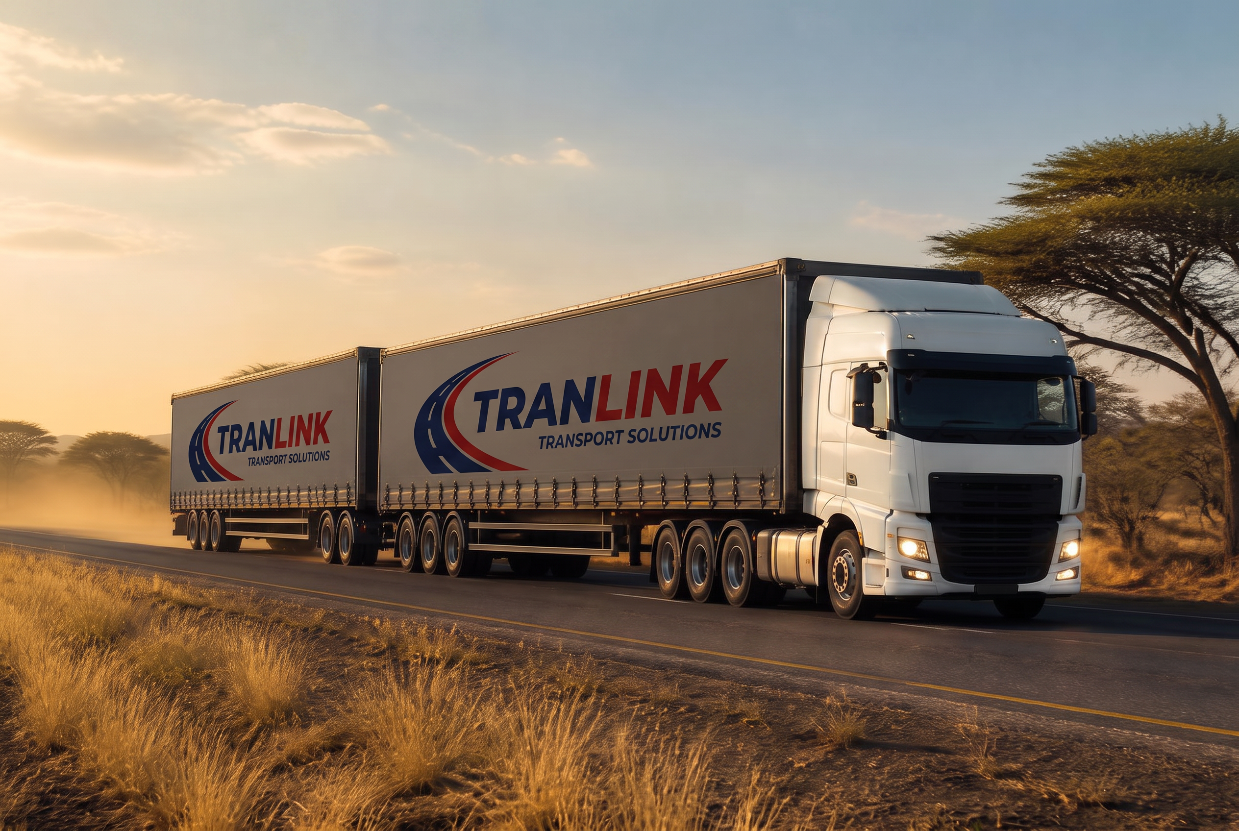 Tranlink branded superlink truck travelling on a Zambian highway at sunrise